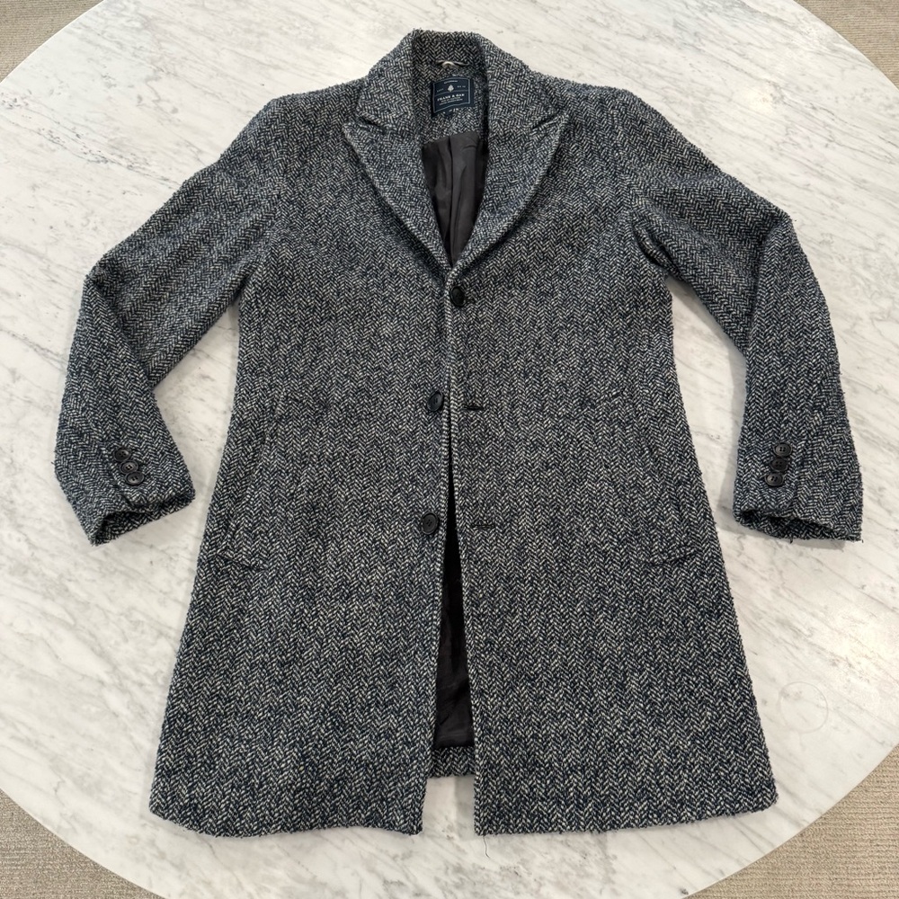 Frank & Oak Herringbone Wool Blend Overcoat Men Size 38 Black White